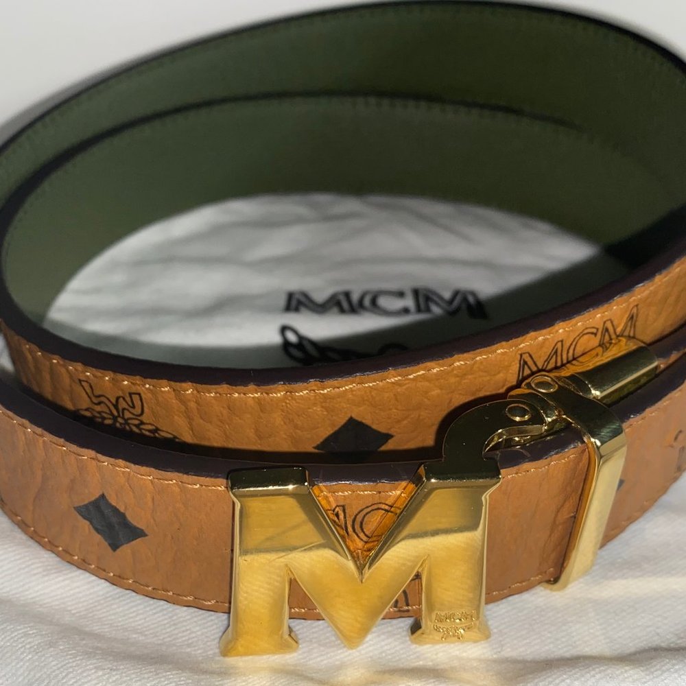 Authentic - MCM Monogram Belt - Reversible -  Cognac & Green - Unisex